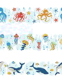 Seamless Ocean Borders Set. Whales, Jellyfish and Octopuses in Flat Design. Perfect for Marine Conservation Websites, Kids Educational Materials and Underwater Party Decor. Repeatable Patterns. vector