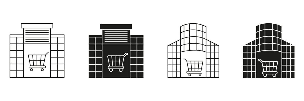 Shopping Mall With Cart Line And Solid Icon Set. Retail Center, E-Commerce, And Consumer Shopping Experience Symbol Collection. Commercial Building And Marketplace. Isolated Illustration vector
