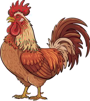 Vibrant Cartoon Rooster Illustration with Detailed Feathers and Comb on White Background vector