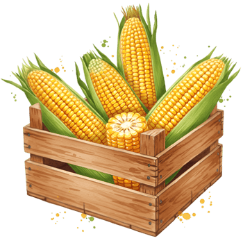 A wooden crate filled with fresh yellow corn on the cob with green husks in a transparent setting on transparent background png