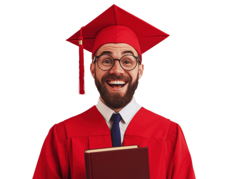 Graduate celebration with joyful student in red cap and gown png