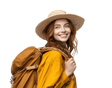 Happy traveler ready for adventure with backpack and hat png
