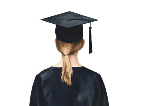 Graduation celebration with student in cap and gown looking ahead png