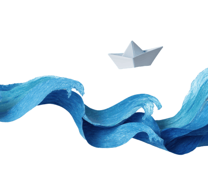 Paper boat floating on blue waves with a creative design png