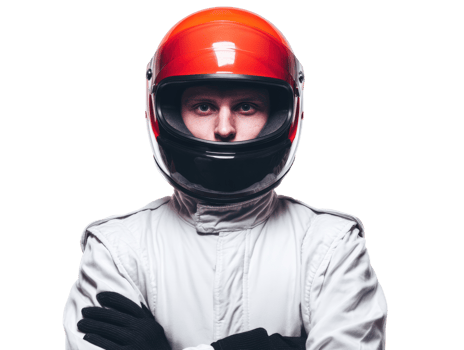 Racing driver in full gear posing confidently for portrait png