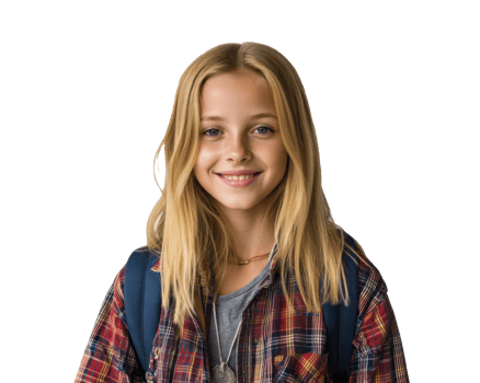 Smiling girl with blond hair wearing plaid shirt and backpack png