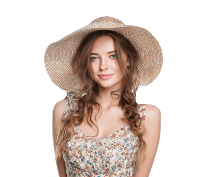 Beautiful woman in summer hat with floral dress for lifestyle design png