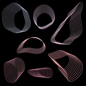 Seven abstract geometric blend shapes. Thin, curved lines. Dynamic, flowing forms. Modern, minimalist style. Abstract line art. Elegant, contemporary design. Geometric abstraction. vector