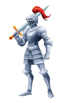 Knight holding a sword, prepared for battle. Cartoon character illustration vector