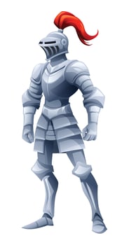 Knight character in full armor with a red plume, standing proudly in a heroic pose. Cartoon illustration vector