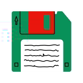 Retro floppy disk illustration in green and red with handwritten label and iconic square shape. Nostalgic symbol of 90s computer storage, perfect for vintage tech themes. Isolated on white background. vector