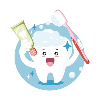Cute tooth character brushing with toothpaste and foam, perfect for dental care, oral hygiene, and kids tooth health concepts. vector