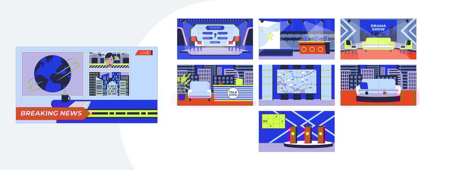 TV shows studio set cartoon flat illustrations mega bundle. Quiz competition, breaking news desk, weather broadcast furniture 2D images isolated on white. Collection drawings colorful vector