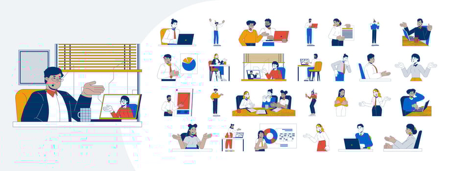Corporate life cartoon flat illustrations mega bundle. Workplace communication. Remote teamwork. Professional talk. Diverse employees 2D images isolated on white. Collection drawings colorful vector