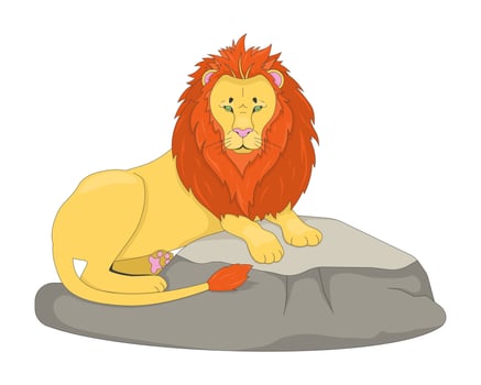 Majestic lion resting on rock 2D cartoon character. Safari zoo animal. Big cat. Fierce predator. Wildlife. Savanna king flat creature isolated on white. Spot illustration colorful vector