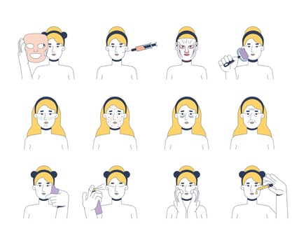 Skincare routine and skin problems 2D illustrations set. Cosmetic applying, gua sha, microneedling, acne. Caucasian woman flat character isolated on white. Colorful cartoon images collection vector