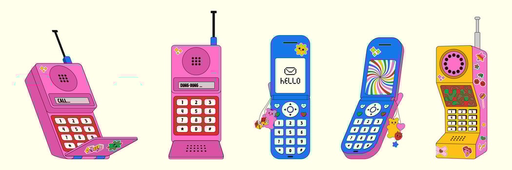 Set of various retro mobile phones covered in eye-catching stickers highlights unique designs and nostalgic charm, capturing the fun aesthetics prevalent in the 90s and early 2000s. vector