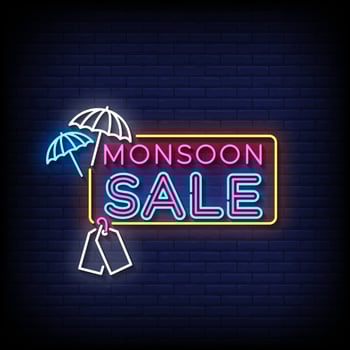 monsoon sale neon sign with brick wall background vector