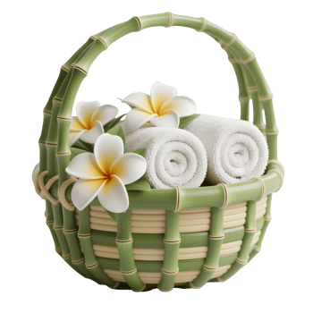 A basket with towels and flowers on it png