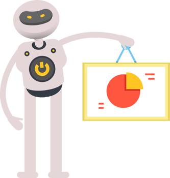 White Robot Character Holding Pie Chart Signage png