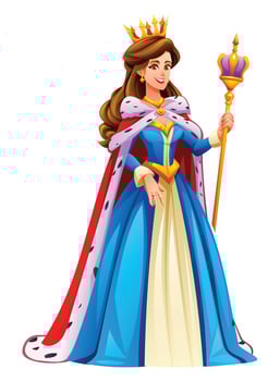 Royal queen holding a scepter, with a crown, red cape, and blue gown, smiling confidently. Cartoon character illustration vector