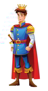 Prince in royal outfit with a crown and sword, smiling confidently. Cartoon character illustration vector