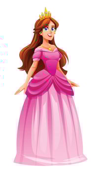 Princess in a pink gown with a crown, smiling with a graceful pose. Cartoon character illustration vector