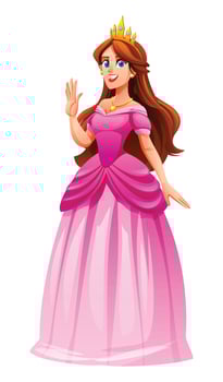 Princess in a pink gown with a crown, waving her hand, smiling joyfully. Cartoon character illustration vector