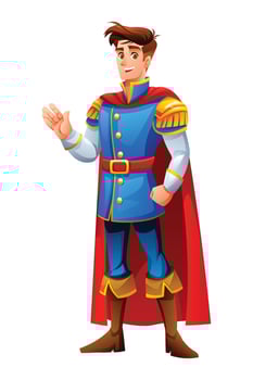 Prince in royal outfit with a cape, gesturing waving hand and smiling. Cartoon character illustration vector