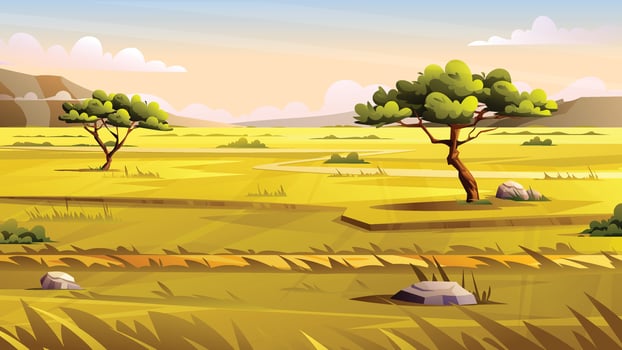 Vast savanna with scattered trees, rocks, and a winding path through the grass. Cartoon landscape illustration vector