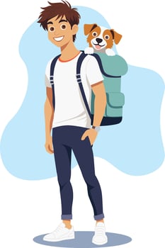 Cartoon happy boy wearing casual clothes and carrying a cheerful puppy in a backpack, for themes of pet travel, outdoor adventures, blogs, pet-friendly travel agencies, youth lifestyle content vector