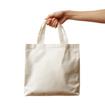 Close-Up of a Hand Holding a Plain Beige Canvas Tote Bag Against Transparent Background png
