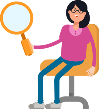 Geek Woman Character Sitting and Holding Magnifier png