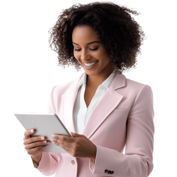 Professional Woman Using Tablet Device in Light Pink Jacket on Transparent Background png