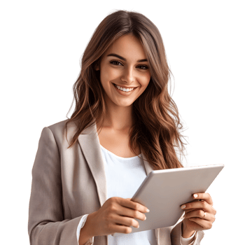 Smiling Professional Woman Holding Tablet Device on Transparent Background png
