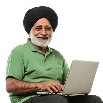 Elderly Indian Man Holding Laptop Smiling on Transparent Background png