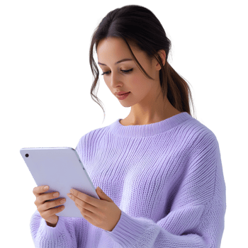 Woman in Light Purple Sweater Holding tablet on Transparent Background png