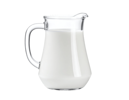 realistic photograph of a clear glass milk pitcher filled with fresh milk on isolated background png