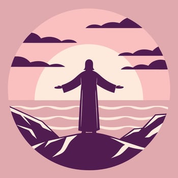 Silhouette of jesus christ at sunrise peaceful religious illustration vector
