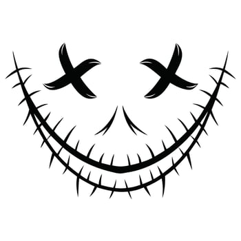Creepy halloween face silhouette design with crossed eyes and scary stitched smile vector