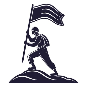 Silhouette of soldier holding flag standing on hill military illustration vector