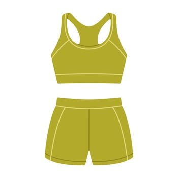 Women's two piece fitness set. Sportswear for girls. Green top and shorts for sport. Clothes for training, workout, gym, running, yoga. Flat illustration isolated on white background vector