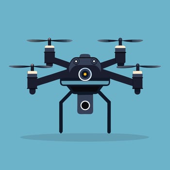 Black modern drone with camera isolated on blue background flat design vector