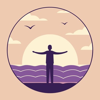 Silhouette of man embracing serene beach sunset and ocean landscape illustration vector