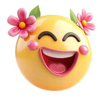 Yellow emoji face with rosy cheeks and flowers in its hair expressing joy and cheerfulness in a cute way png