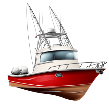 Sleek red and white fishing boat with a tall mast sailing on calm waters a symbol of leisure and adventure png