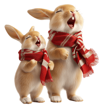 Two cartoon bunnies with scarves and a carrot decoration display png