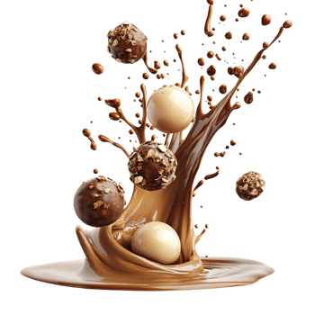 Chocolate balls and liquid splash on white background display png