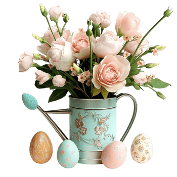 Vase of pink flowers and decorated eggs on display png