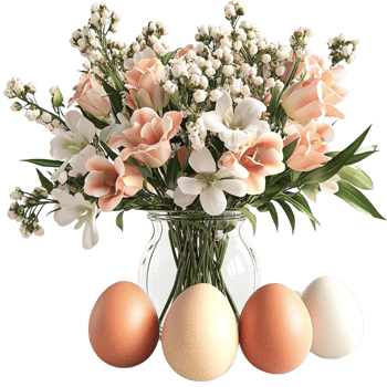 Bouquet of pink flowers and decorated eggs in a vase png